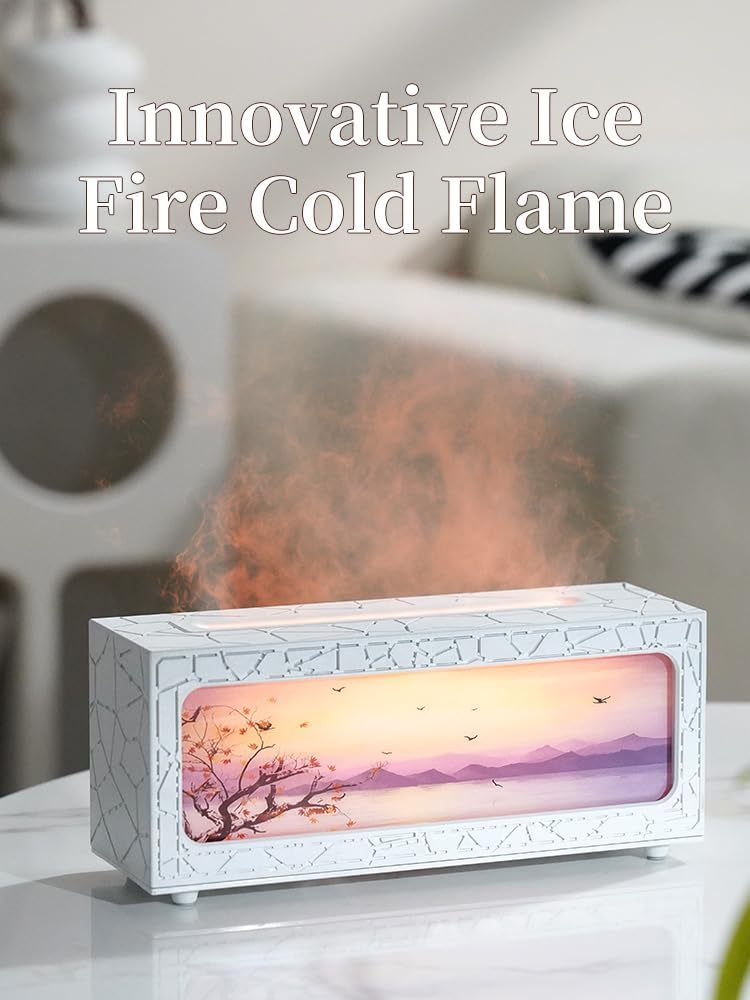 Essential Oil Diffusers Ultrasonic Fireplace Flame Aromatherapy Diffuser, Auto Shut-Off, Timer Setting, 7 Colors LED Lights Changing for Home, Office, Spa 200ml (White)
