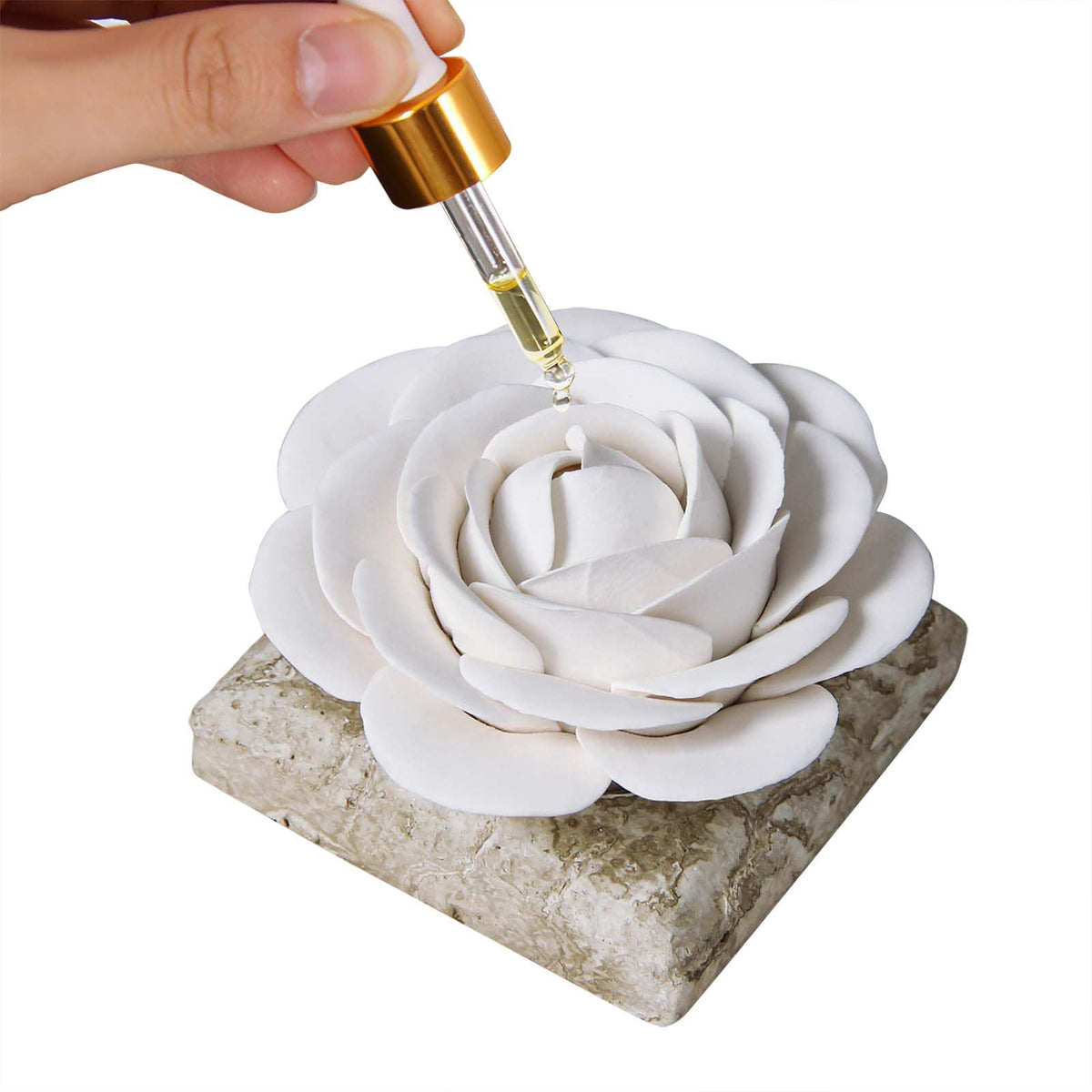 Ceramic Passive Essential Oil Diffuser, Aesthetic Desktop Handmade Flower & Concrete Base, Porcelain Aromatherapy Oils Diffuser for Home, Office, Yoga, Spa Room (Pink Peony)