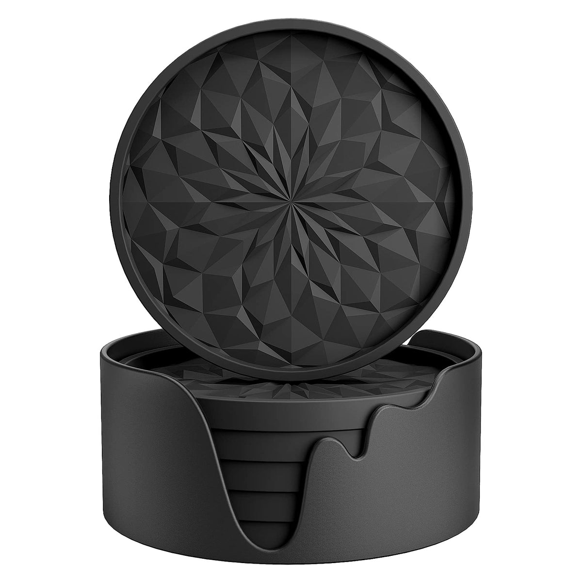 ME.FAN Silicone Coasters with Holder,[6 Pack] Drinking Coasters - Cup Mat for Hot or Cold Drinks, Thickened, Non-Slip, Non-stick,Deep Tray Dark Grey
