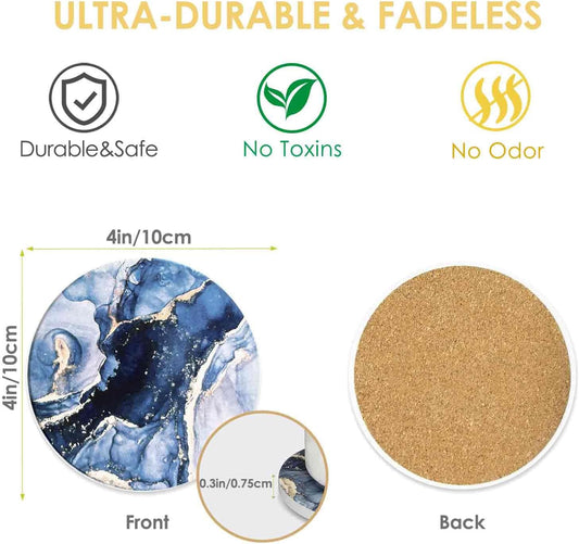 Drink Coasters with Holder 6 Pack, Ceramic Marble Style, Absorbent Abstract Coasters Set, 4in Cup Mat for Any Cups, Home, Living Room Decor, Tabletop-Protection for Coffee Beverage-Navy Blue