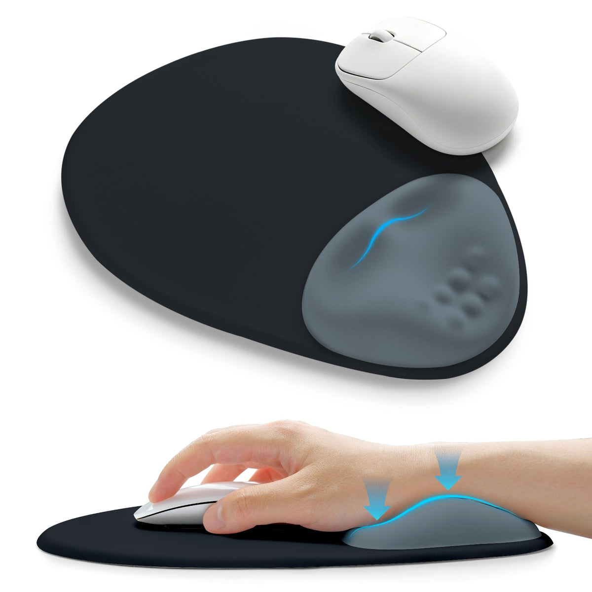 Palm-Rest and Wrist-Hugging Mouse Pad Wrist Rest, Ergonomic Wrist Support with Curve Fitting Cushioned Memory Foam for Carpal Tunnel Pain Relief, 9.9 x 8.3 Inch, Dark Night Black