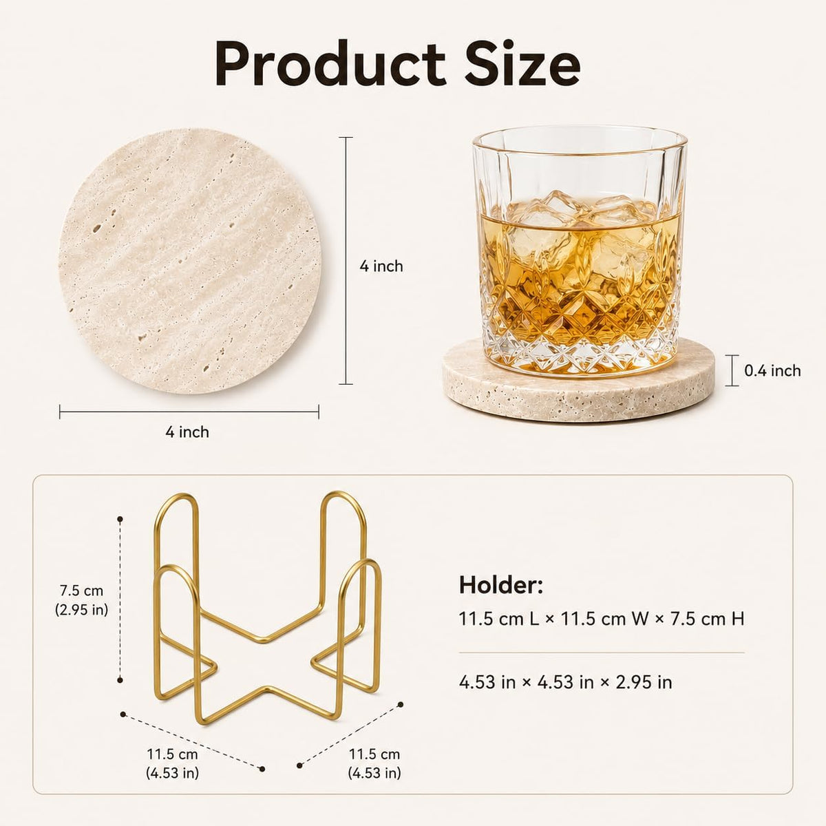 Travertine Coasters with Gold Holder, Set of 4 Natural Stone, Cork Backing