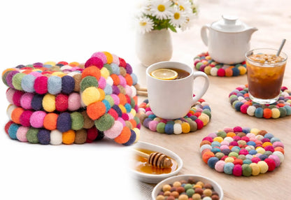 Round Felt Ball Coasters - 100% Merino Wool Table Coasters - Felt Coaster Pads, Absorbent Trivet for Drinks - Heat Resistant, Thick & Durable Hand Felted - Woolygon - Multicolor Set of 5 (Rainbow)