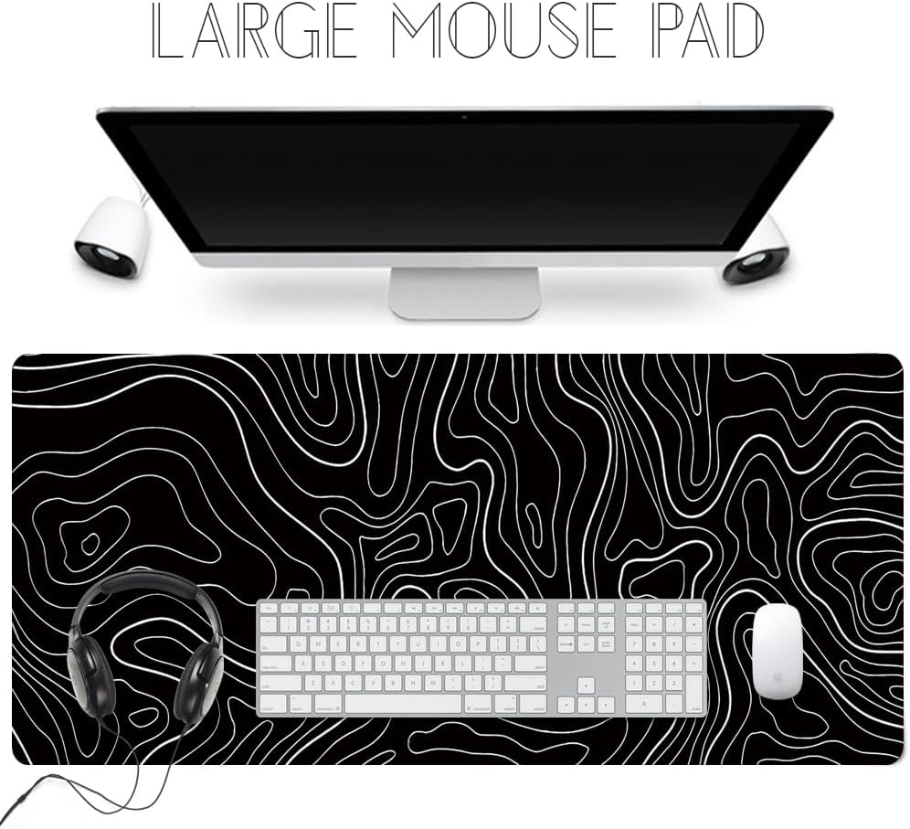 HGWALP Black Topographic Large Gaming Mouse Pad Extended XXL(900 * 400 * 3MM) Mouse Mat Long Desk Pad with Stitched Edges for Keyboard Home Office Gaming Work Big Desk Mat