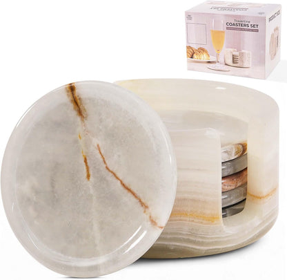 Travertine Coasters Set of 6 with Holder Round 3.5 Inch
