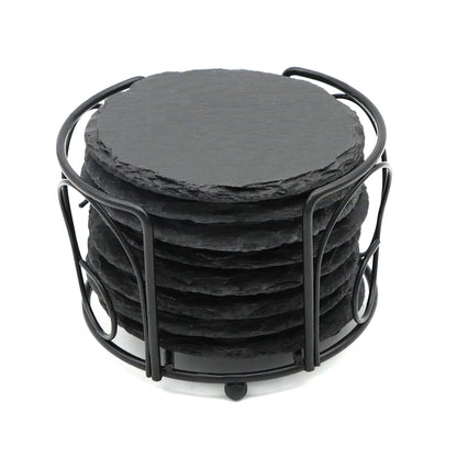 4 PCS Round Slate Drink Coasters Set, SIJDIEE 4 Inch Laser Engraving Black Slate Stone Coasters with Anti-Scratch Bottom and Coaster Holder for Office Bar Kitchen Home Dinner Table Decor Supplies
