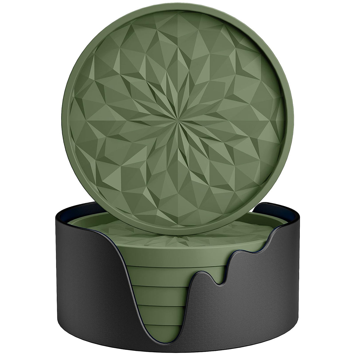 ME.FAN Silicone Coasters with Holder,[6 Pack] Drinking Coasters - Cup Mat for Hot or Cold Drinks, Thickened, Non-Slip, Non-stick,Deep Tray Olive Green