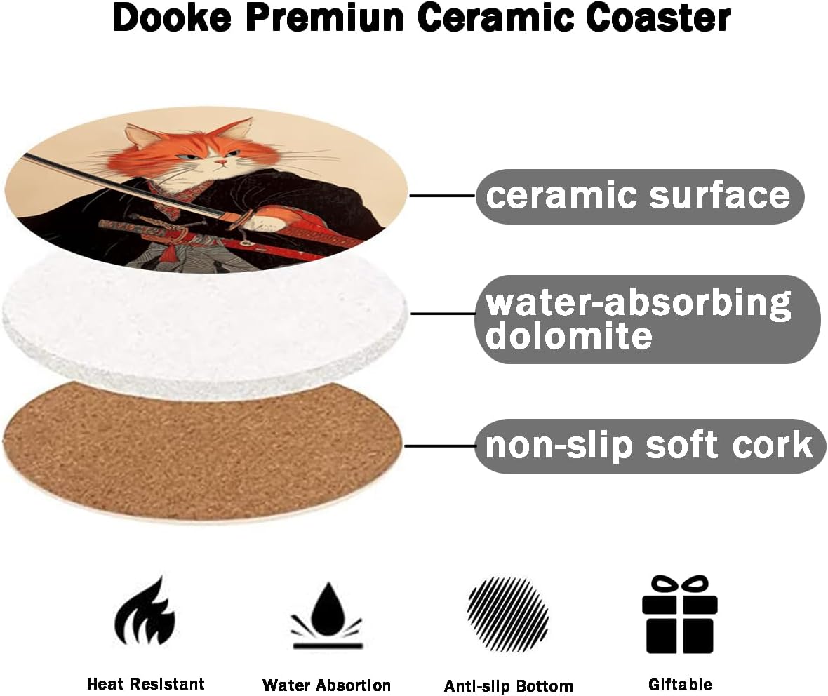 Dooke Coasters for Drinks, Round Absorbent Ceramic Stone Coasters Set of 6 with Cork Base, Funny Drink Coasters with Holder for Cold Drinks Wine Mugs and Cups Tabletop Protection,Japanese‌ Cat