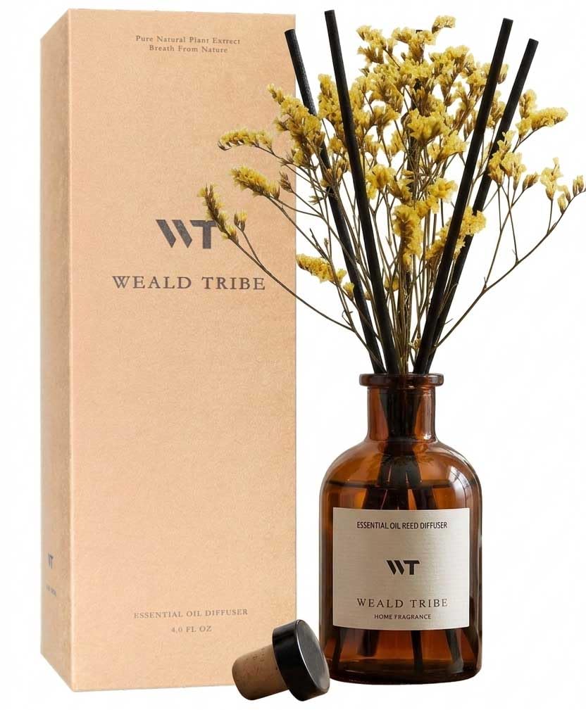 WEALD TRIBE Flower Reed Diffuser Set Eucalyptus & Lavender Scent for Room Bathroom Accessories Shelf Decor & Air Fresheners, Sticks Defusers with 4.0 fl oz Home Fragrance Oils, Office Gift