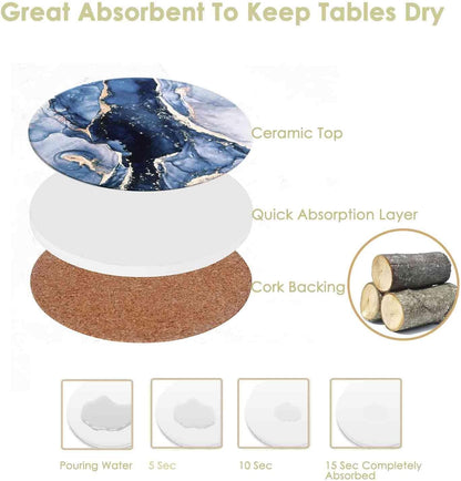 Drink Coasters with Holder 6 Pack, Ceramic Marble Style, Absorbent Abstract Coasters Set, 4in Cup Mat for Any Cups, Home, Living Room Decor, Tabletop-Protection for Coffee Beverage-Navy Blue