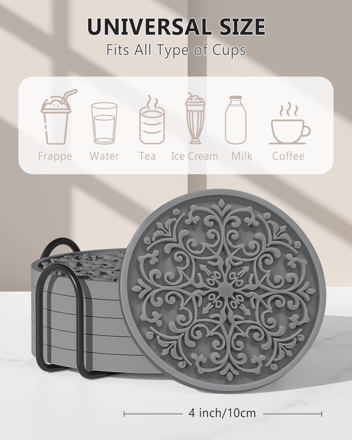 Drink Coasters, Coasters Set of 6 with Holder, Non-Slip Silicone Cup Mat