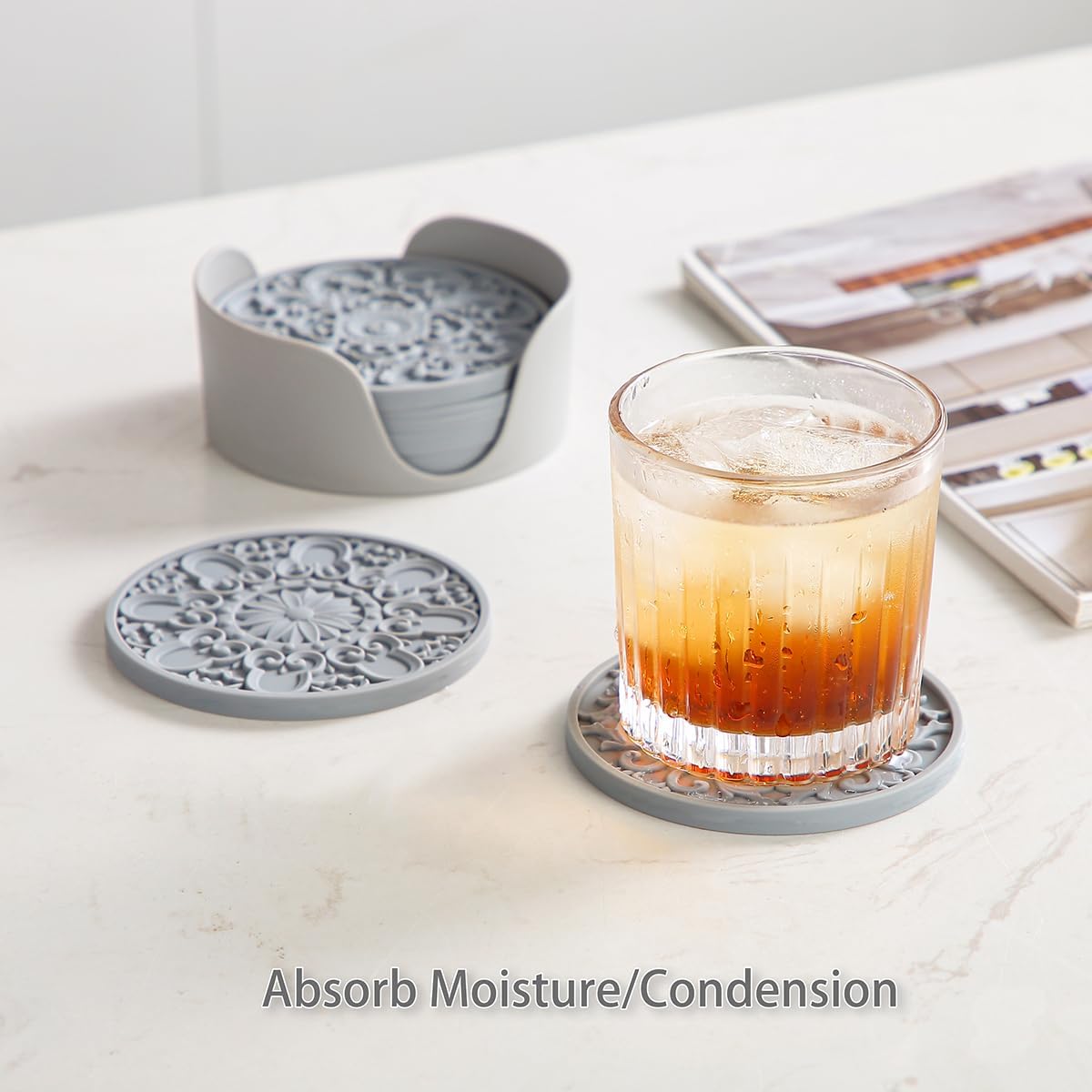 Colinda Silicone Coasters - Set of 6 with Holder, Non-Slip Cup Mats for Hot and Cold Drinks, Decorative Designs, Gift Ready Packaging,Beige