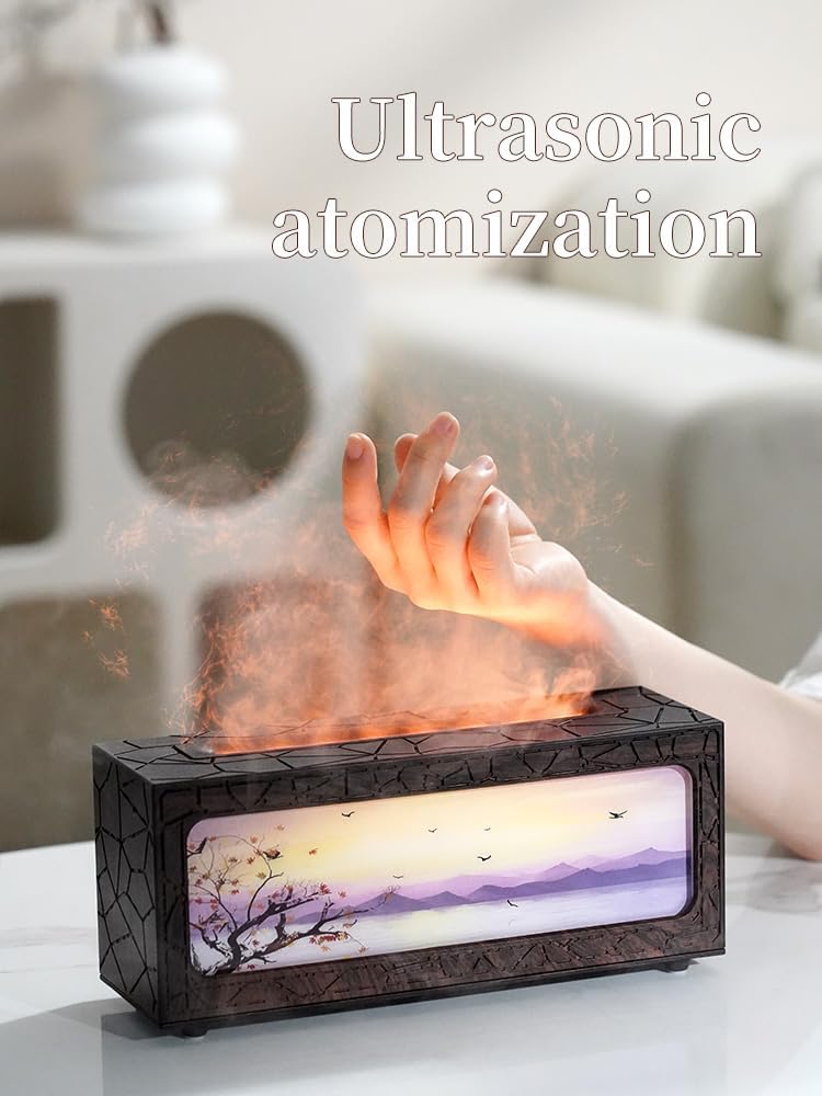 Essential Oil Diffusers Ultrasonic Fireplace Flame Aromatherapy Diffuser, Auto Shut-Off, Timer Setting, 7 Colors LED Lights Changing for Home, Office, Spa 200ml (White)