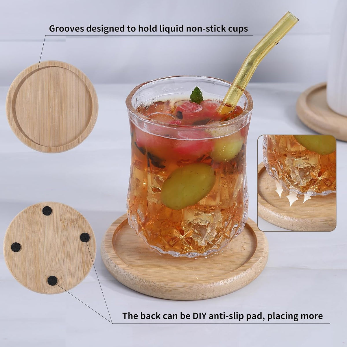 4 Inch Bamboo Drink Coasters Set with Holder, Non-Slip and Non-Stick,Protect Furniture from Water Stains and Heat Damage，Suitable for Dining Tables, Kitchens, Offices, Bars,Terrace. 【8 Pack】