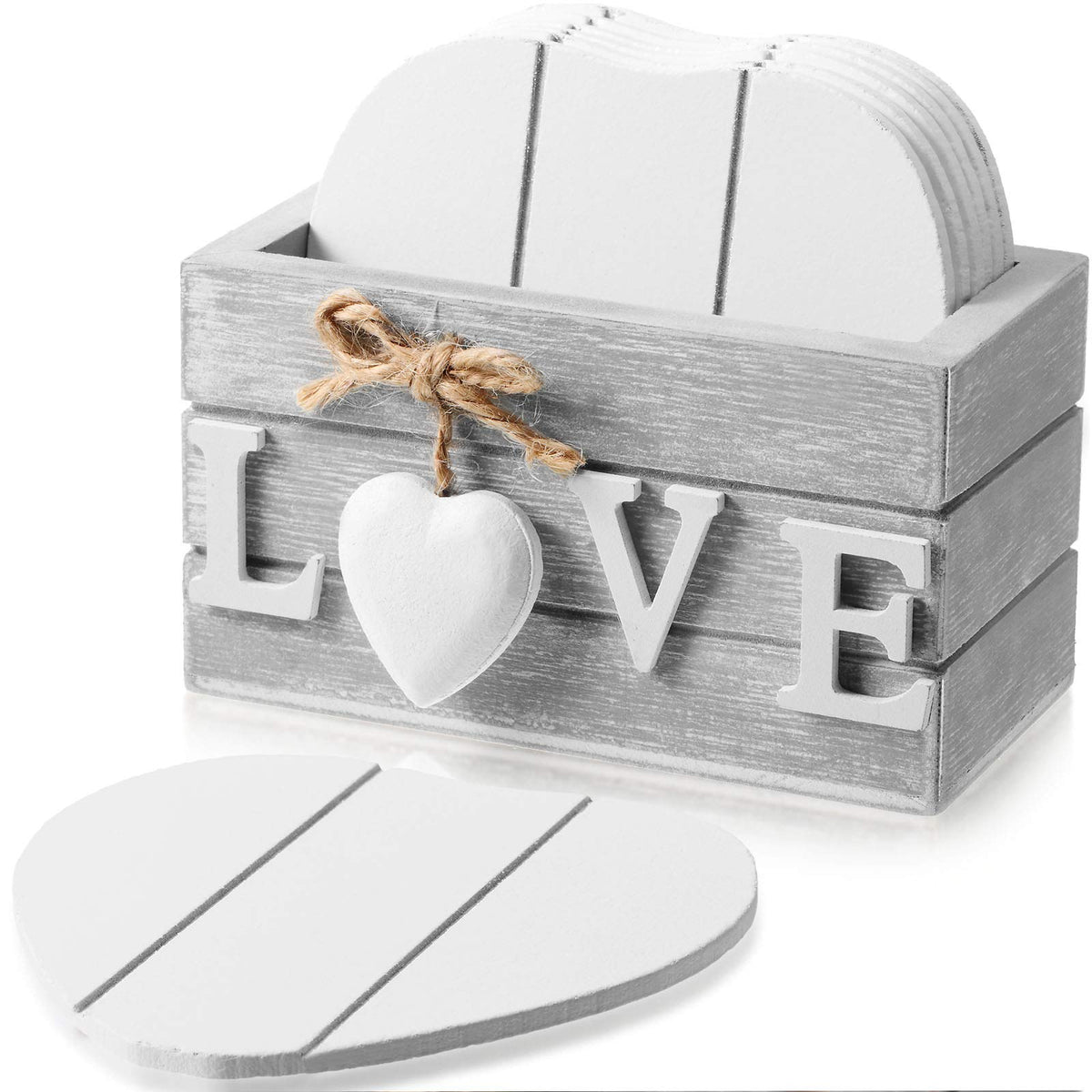 Patelai 6 Pcs Wooden Heart Coasters Set with Holder, Home, Blue