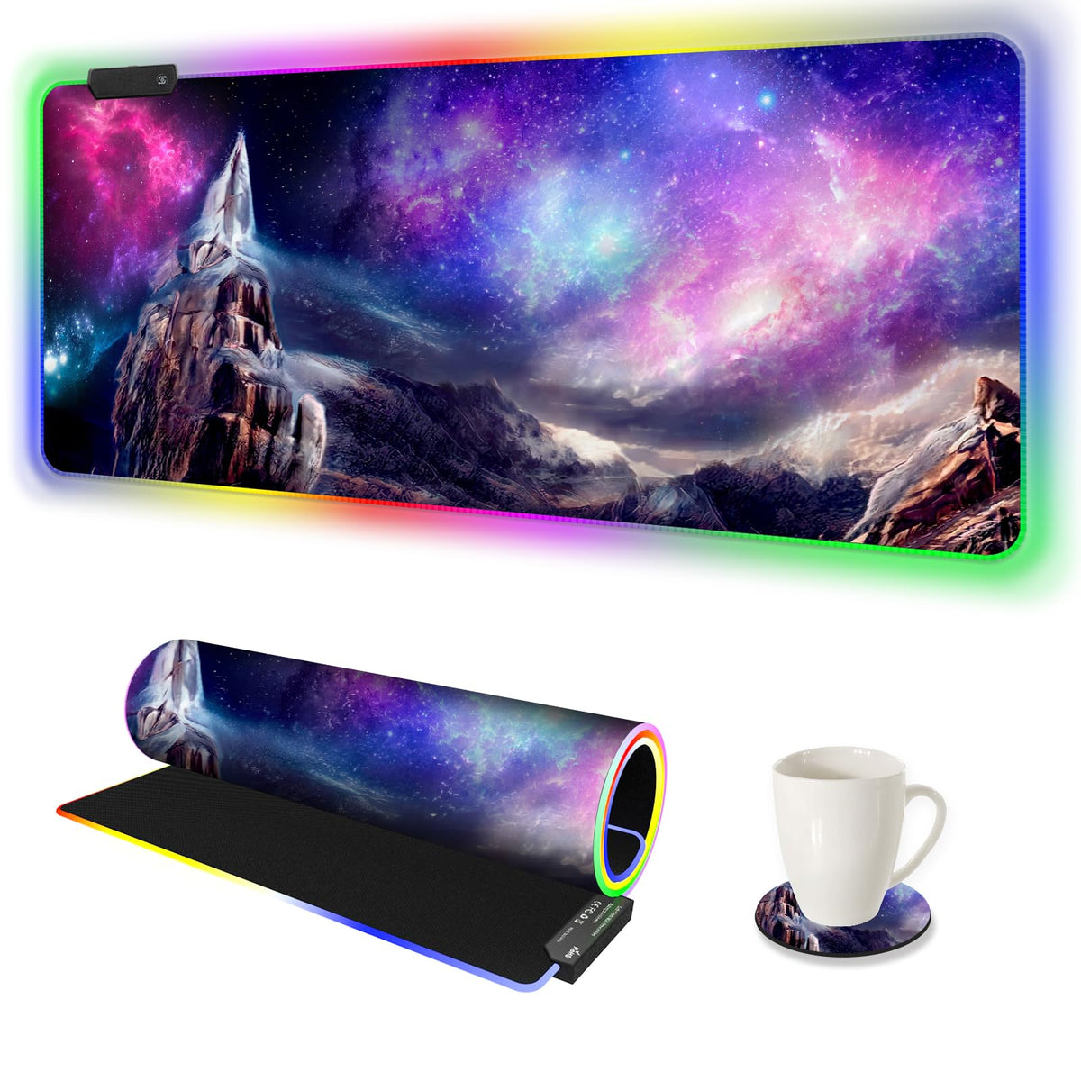 ARTSO RGB Gaming Mouse Pad Large, Extended LED Mouse Mat XXL 35.4x15.7 inch, 14 Lighting Modes, 2 Brightness, Non-Slip Rubber Base Mousepad Waterproof Keyboard Mat,Fantasy Nebula Sky