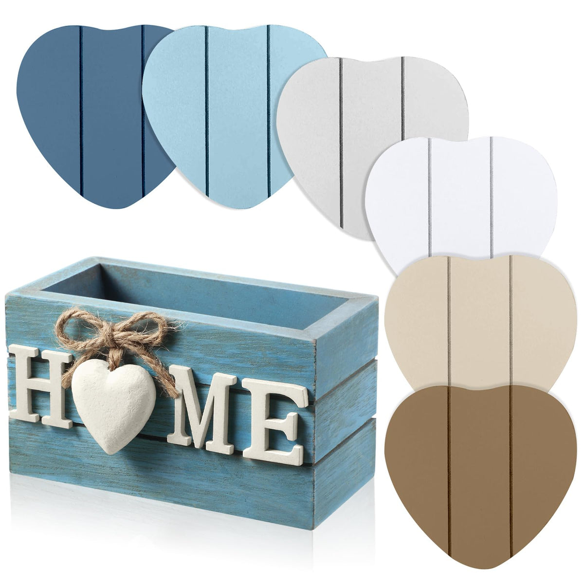 Patelai 6 Pcs Wooden Heart Coasters Set with Holder, Home, Blue