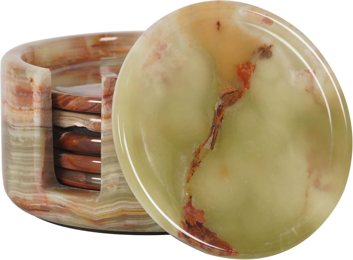 Radicaln Round Marble Coasters Set of 6 with Holder - Green Onyx Stone 3.5"