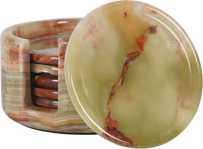 Radicaln Round Marble Coasters Set of 6 with Holder - Green Onyx Stone 3.5"