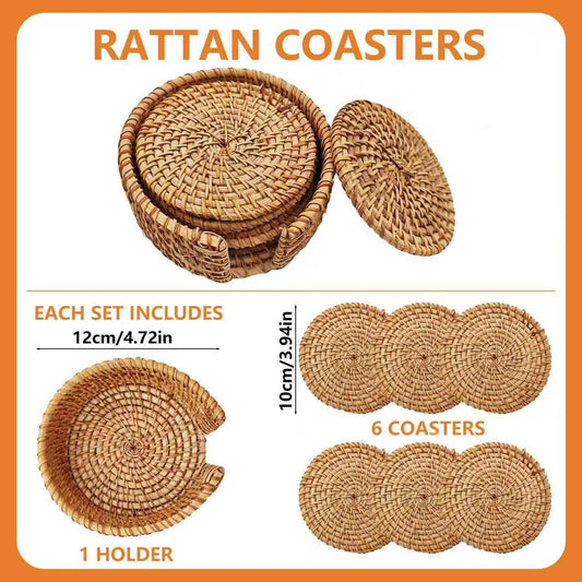 6PCS Natural Handmade Rattan Coasters with Holder - Wicker Drink Coasters Set, Housewarming Gifts Coastal Decoration Boho Coasters