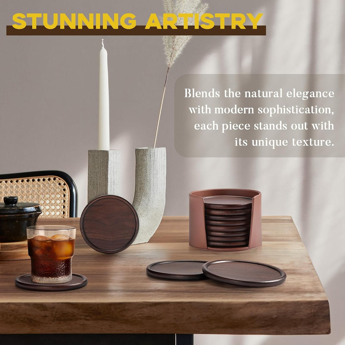 Wood Coasters Set of 8 with Leather Holder, 100% Wooden Coasters for Drinks