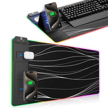 XXL Mouse Pad with Phone Holder - Black, RGB Desk Mat with 15W Fast Charging, LED Gaming Mousepad with 11 Light Colors, Waterproof Non-Slip Pad for Office & Home (Black with PD Adapter)