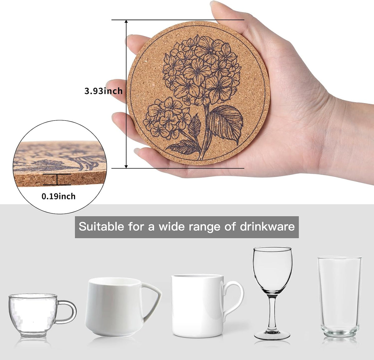 Cork Coasters for Drinks Absorbent Non Slip 12pcs 4 Inch Flower