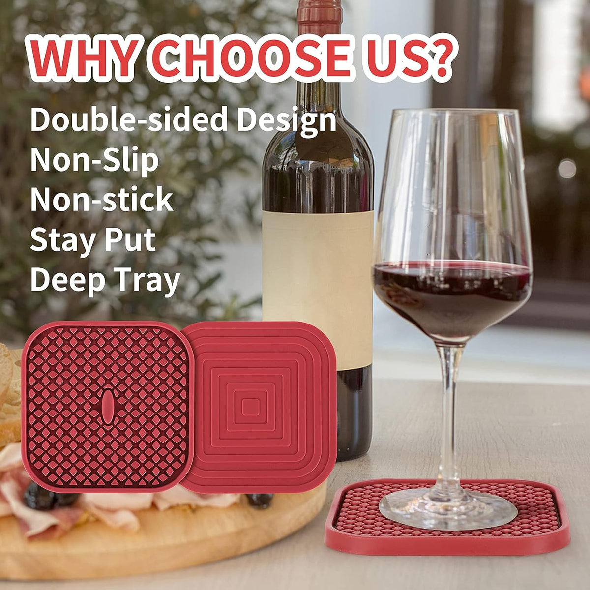 ME.FAN Silicone Square Coasters with Holder [6 Pack] - Black