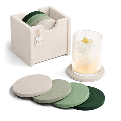 Fluxynara Felt Coasters with Holder, Set of 8 for Drinks, Sage