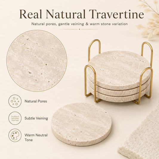 Travertine Coasters with Gold Holder, Set of 4 Natural Stone, Cork Backing