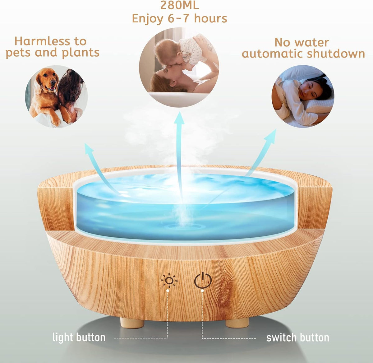 Glass Essential Oil Diffuser Wood Grain Base, 280ml Aromatherapy Diffusers Cool Mist Humidifier, LED Light in 7 Colors with Waterless Auto-Off Protection, for Office, Home, Yoga, Spa