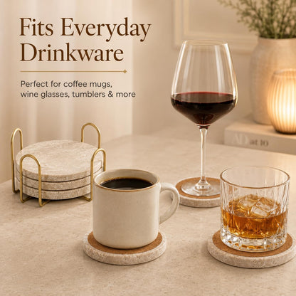 Travertine Coasters with Gold Holder, Set of 4 Natural Stone, Cork Backing