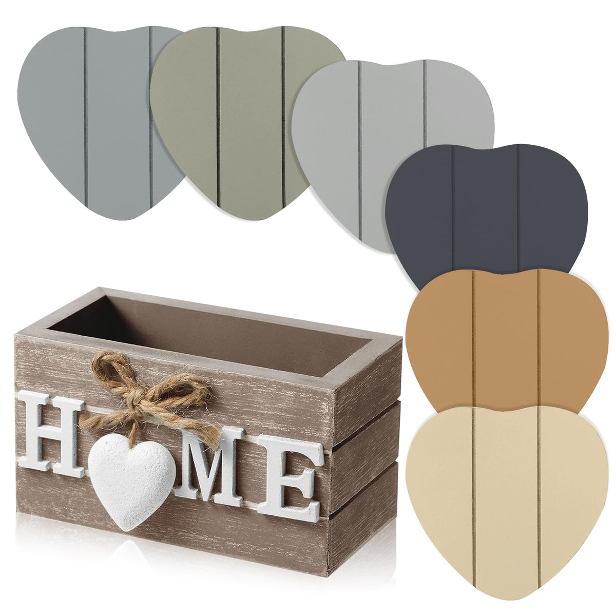 Patelai 6 Pcs Wooden Heart Coasters Set with Holder, Home, Blue