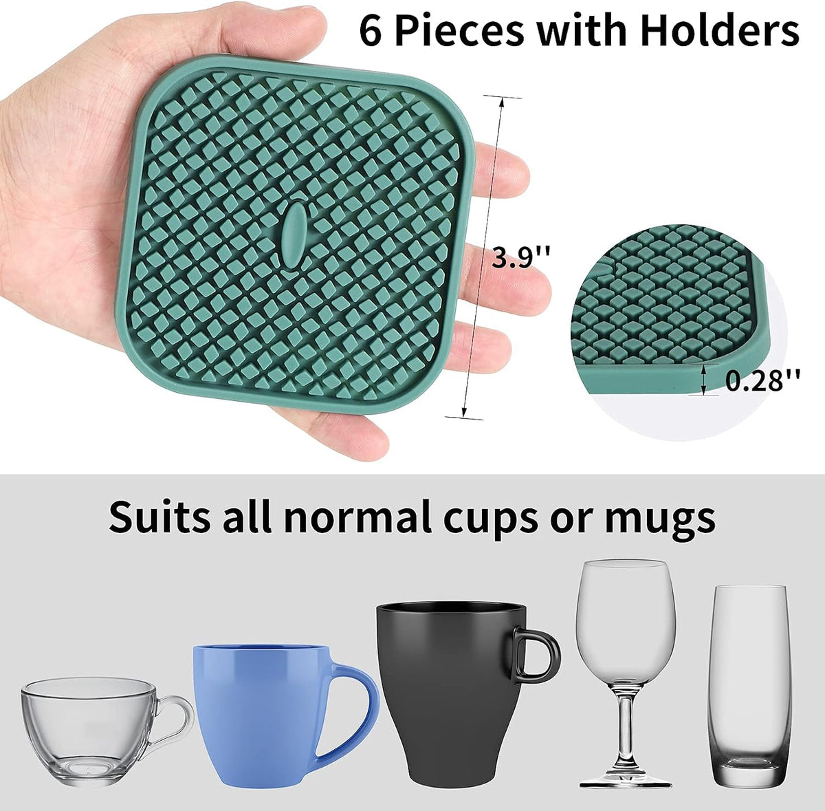 ME.FAN Silicone Square Coasters with Holder [6 Pack] - Black