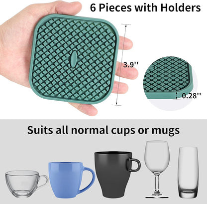 ME.FAN Silicone Square Coasters with Holder [6 Pack] - Black