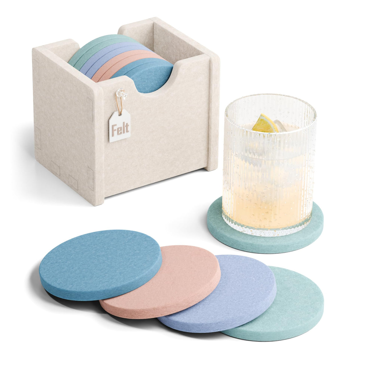 Fluxynara Felt Coasters with Holder, Set of 8 for Drinks, Sage
