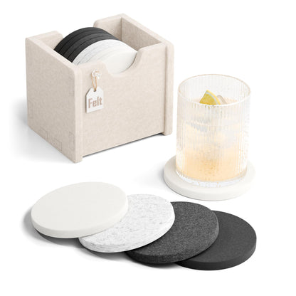 Fluxynara Felt Coasters with Holder, Set of 8 for Drinks, Sage