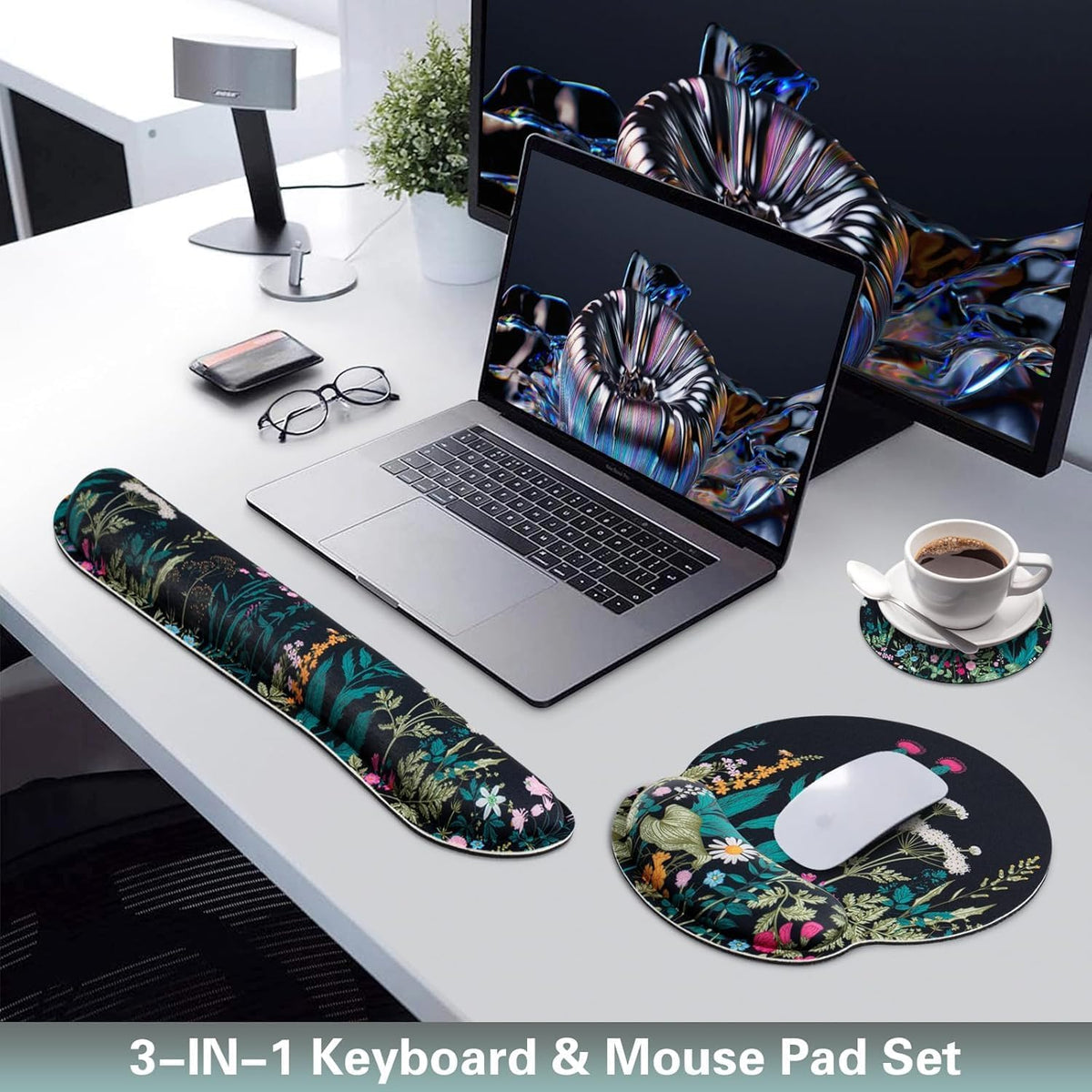 Mouse Pad with Wrist Rest Set, 3-in-1 Wrist Support Mouse Pad Set, Floral