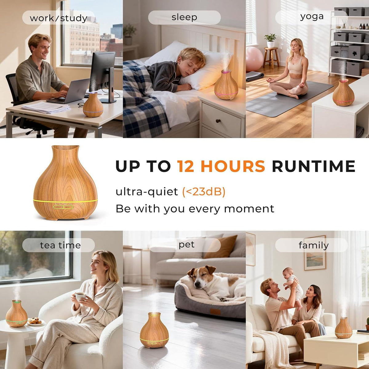 Aromatherapy Essential Oil Diffuser 550ml 12 Hours Wood Grain Aroma Diffuser with Timer Cool Mist Humidifier for Large Room, Home, Baby Bedroom, Waterless Auto Shut-off,7 Colors Lights Changing