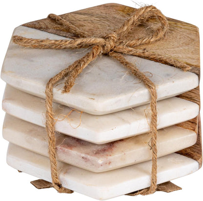 Creative Co-Op 4-Piece Marble and Mango Wood Hexagon Coasters, White and Natural