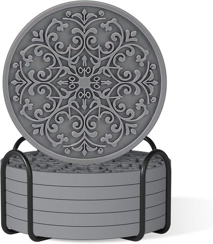 Drink Coasters, Coasters Set of 6 with Holder, Non-Slip Silicone Cup Mat