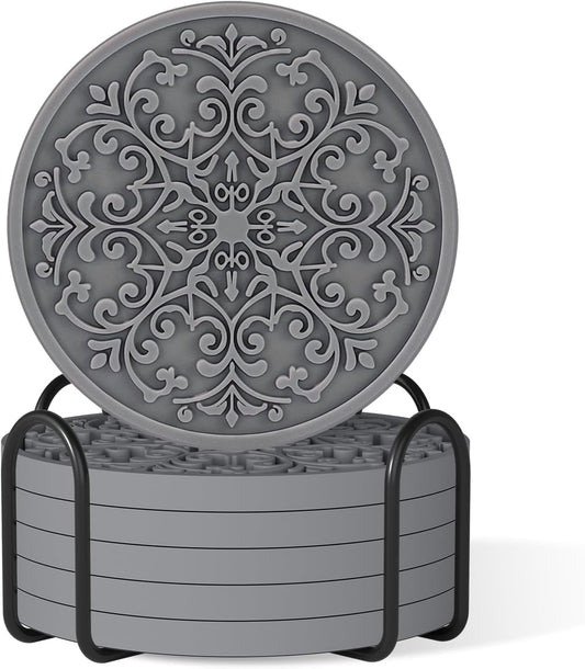 Drink Coasters, Coasters Set of 6 with Holder, Non-Slip Silicone Cup Mat