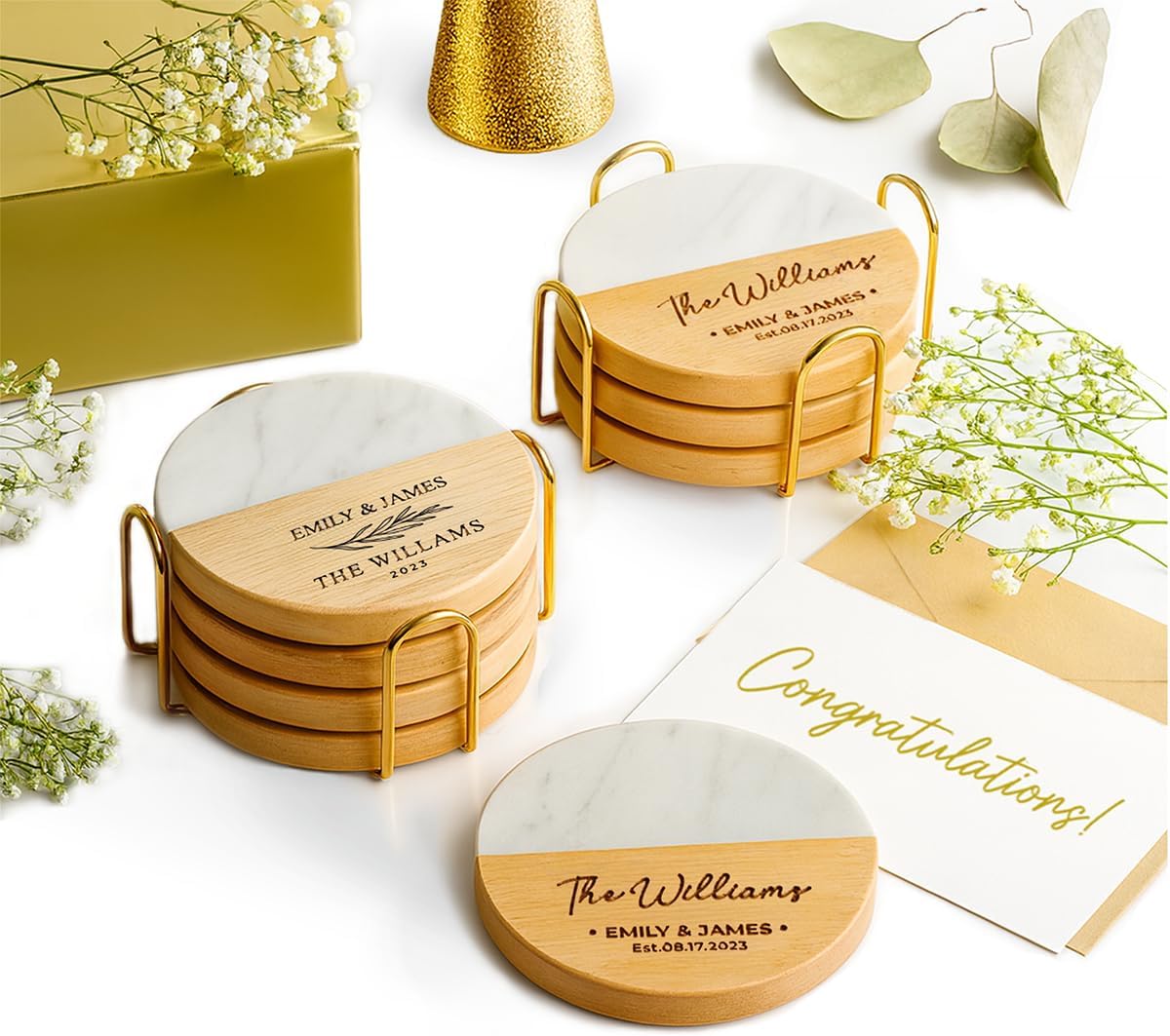 Personalized Coasters, Wedding Gift for Couple, Custom, Premium Craftsmanship Durability Tested, Custom Bar Coasters for Drinks with Monogram Engraved, Great Newlywed