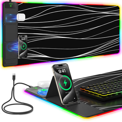 Wireless Charging RGB Mouse Pad with Phone Stand, Large Gaming Desk Mat