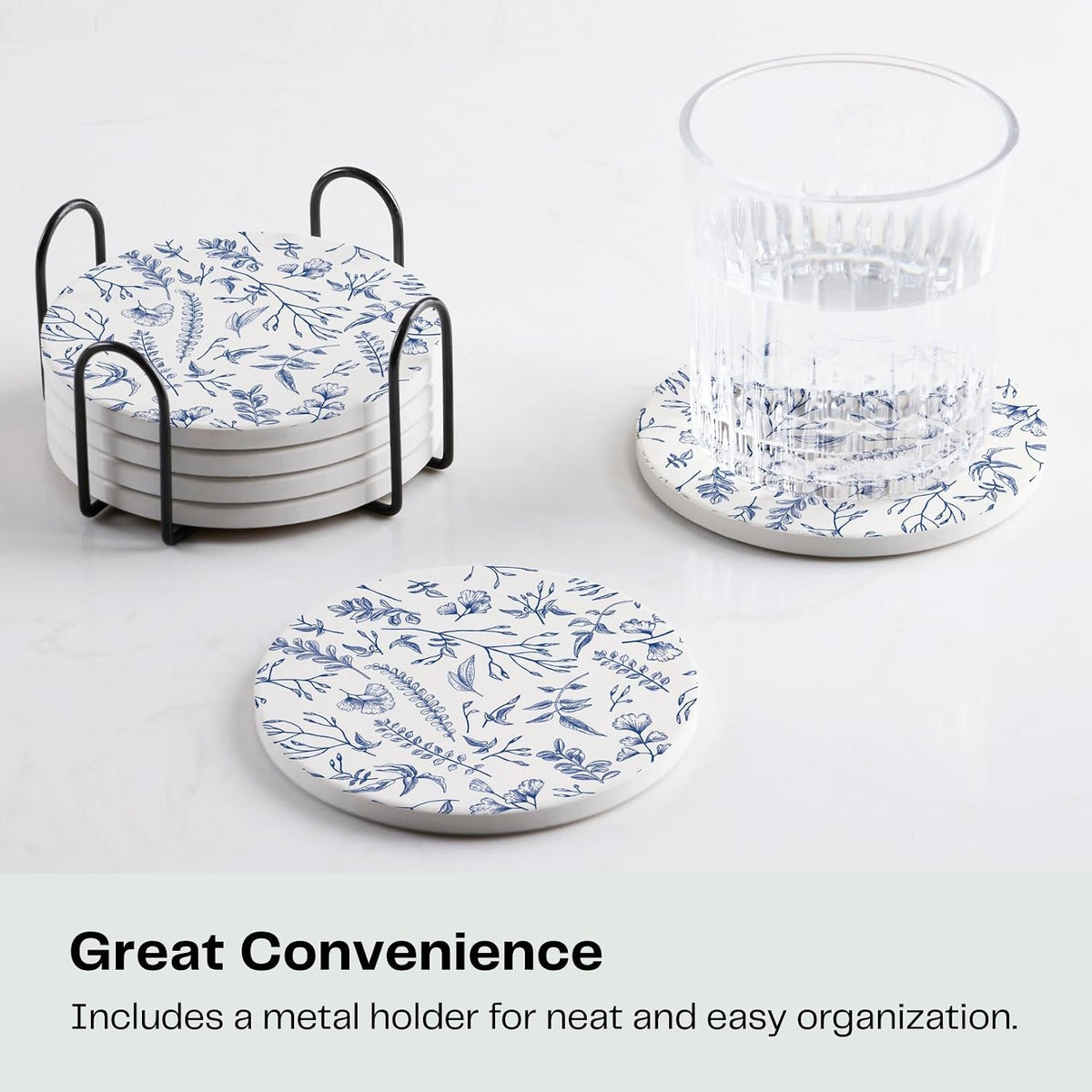 Set of 6 Floral Blue and White Coasters with Holder, Absorbent Ceramic Drink Coasters with Cork Backing for Table Protection, Coffee Table Décor