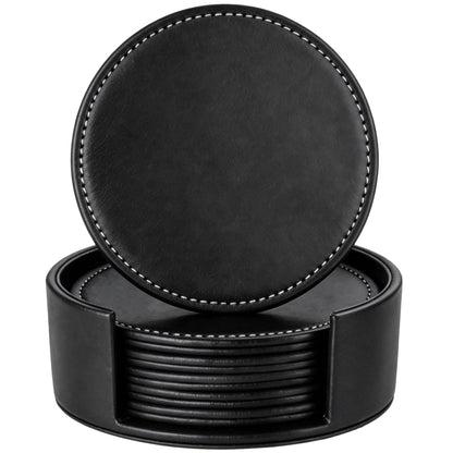 Set of 6 Round Leather Coasters for Drinks with Holder, 4" (Brown)