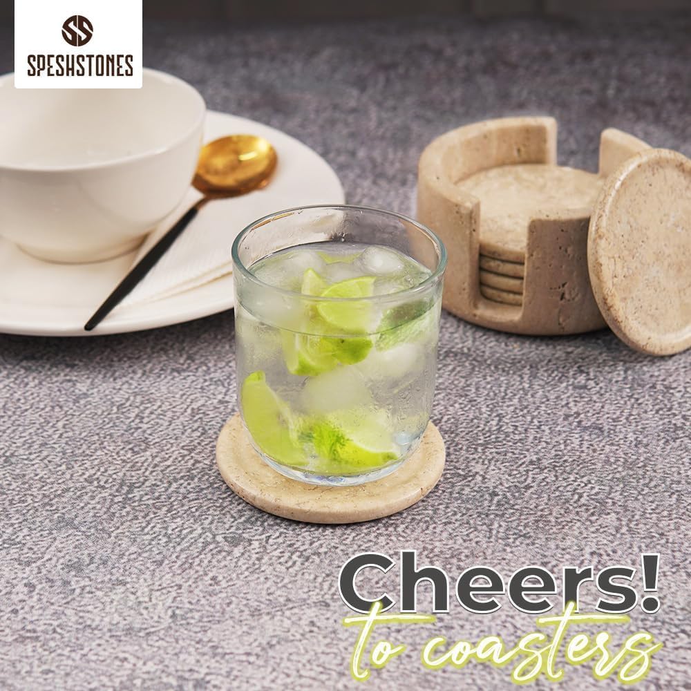 Travertine Coasters Set of 6 with Holder Round 3.5 Inch