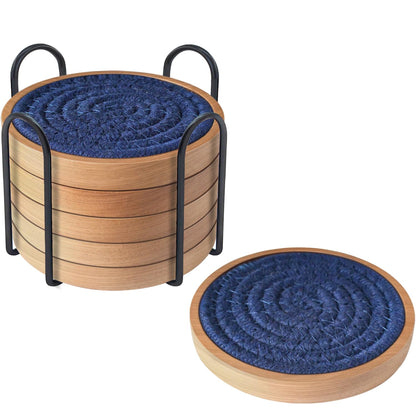 Eykao 5 Pack Coasters for Drinks Absorbent, 4.3 inches Woven Coasters for Coffee Tables, Wooden Drink Coasters for Table Protection, Reusable Drink Coasters for Kitchen, Farmhouse, Bar, Office, Brown