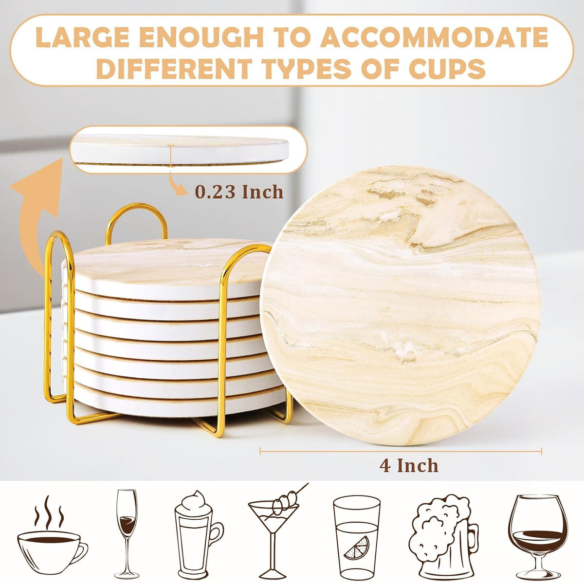 Absorbent Ceramic Coasters Set of 4, Modern Marble Style Drink Coasters