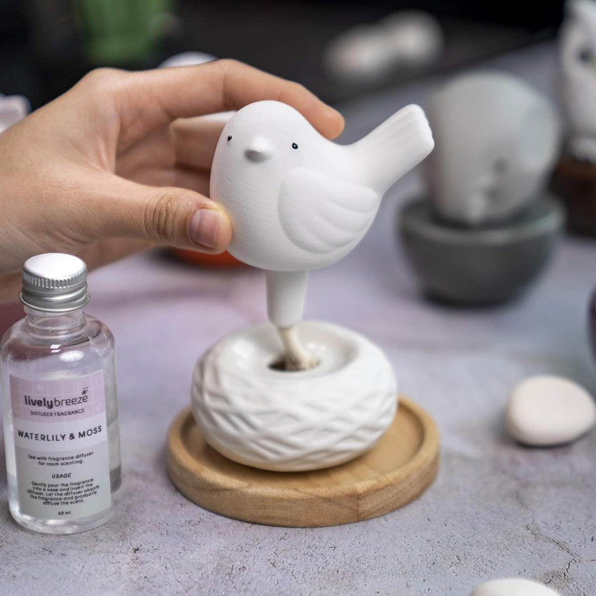 Little Bird Nest, Non-Electric Ceramic Diffusers for Essential Oils and Aromatherapy Fragrance, White Ceramic Diffusers in Car or Bathroom and Desk Office Decor, White Vase